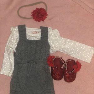 0-3M holiday outfit grey sweater romper red shoes